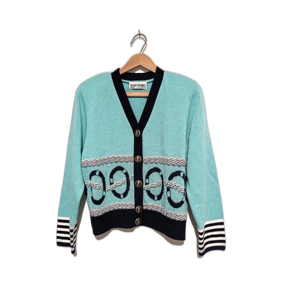 Vintage San Remo Knits Aqua Nautical Cardigan Sweater Button Front M Petite - Picture 1 of 4
